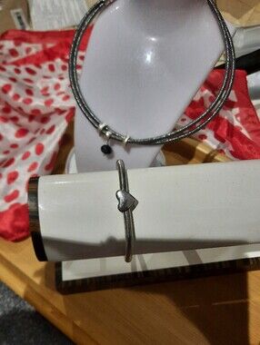 Silver PU Leather 17" Choker Dangle Bead & Heart Charm Snake Chain Bracelet